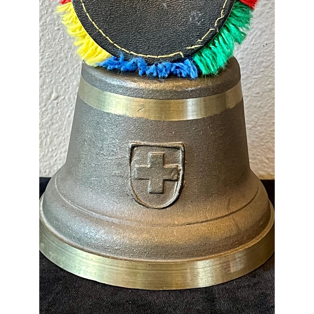 Vintage Swiss Cowbell Leather Strap Fringe Brass Glocken Crest 11.5" Alpine Deco